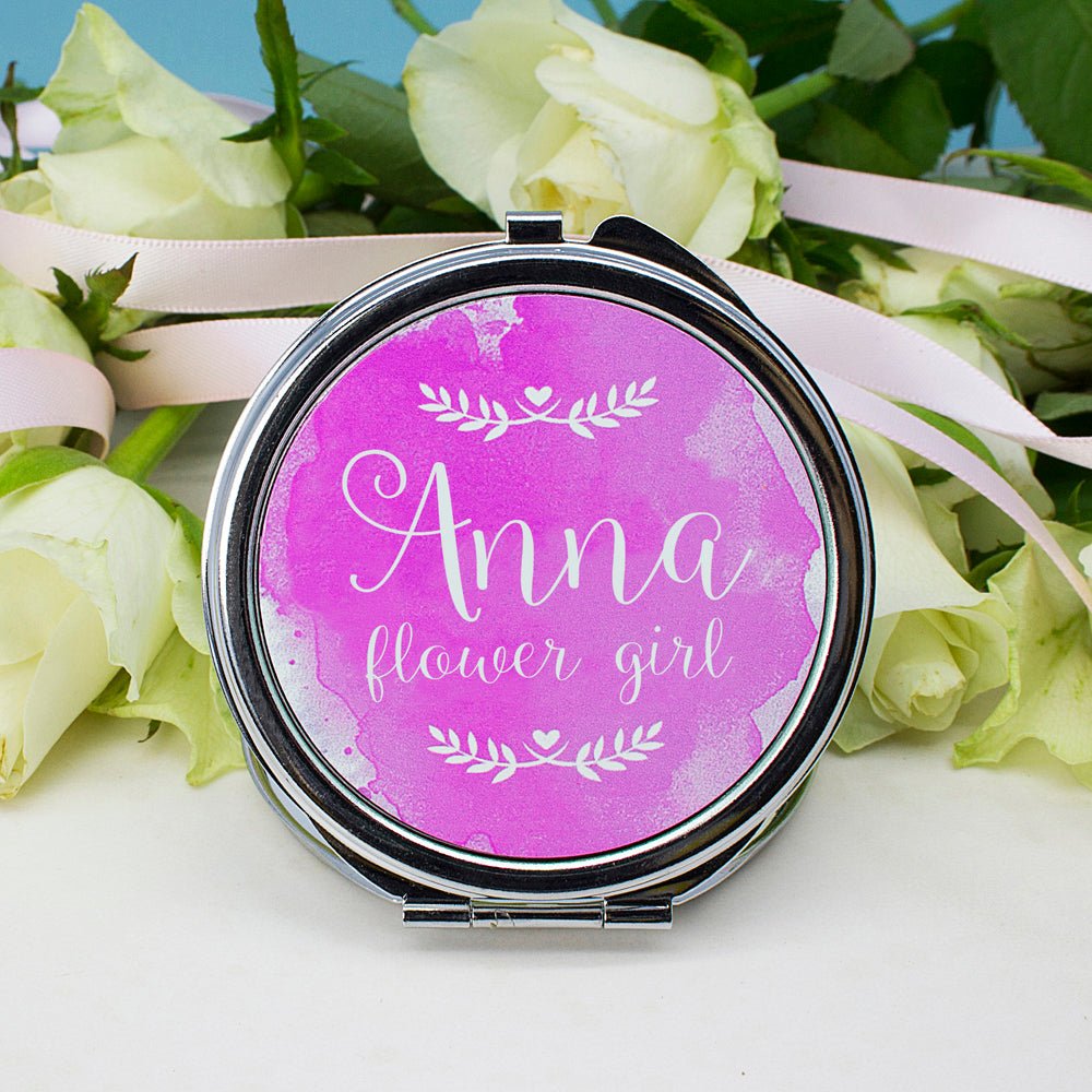 Custom compact mirror for flower girl, 7×6×1cm, engraved with name and title