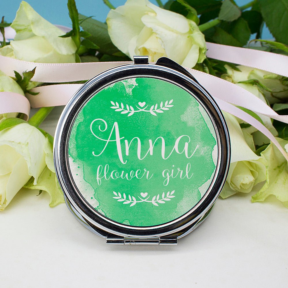 Engraved bridesmaid mirror, 7cm, vibrant colour, personalised wedding gift
