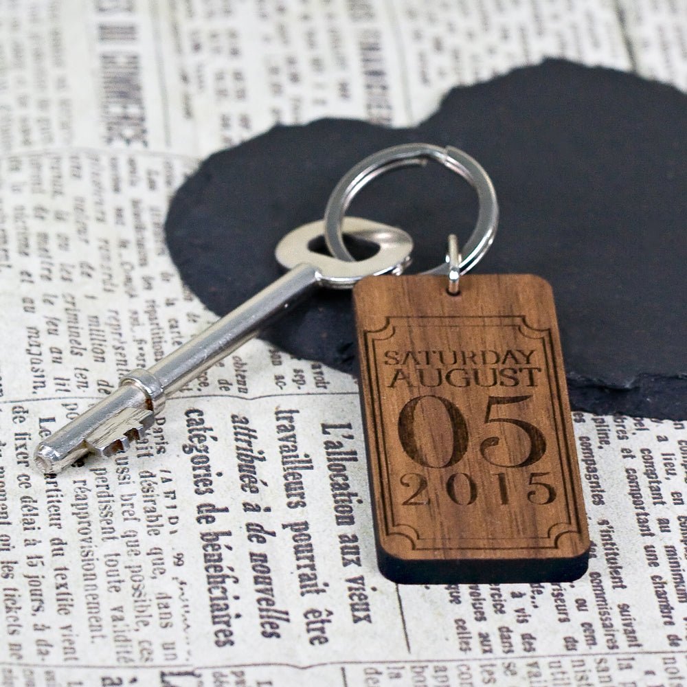 Personalised walnut keyring with natural grain, gift boxed