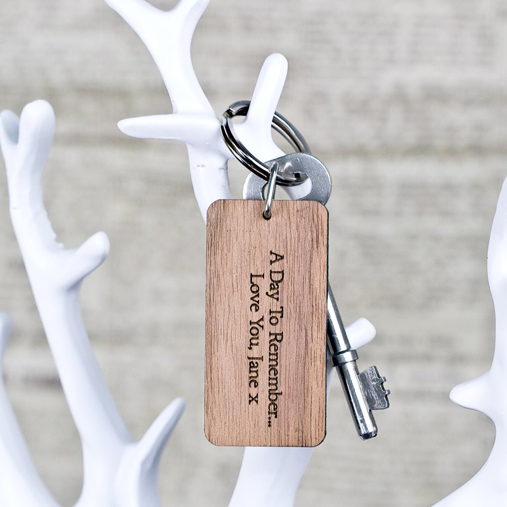 Walnut wood keyring, steel ring, rustic rectangle design, 60g