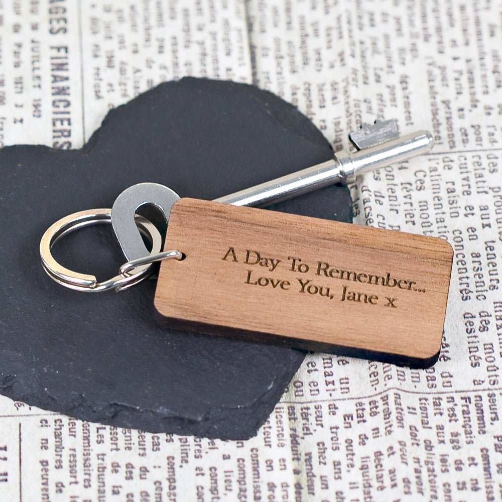 Natural walnut keyring gift, rectangle shape with metal ring