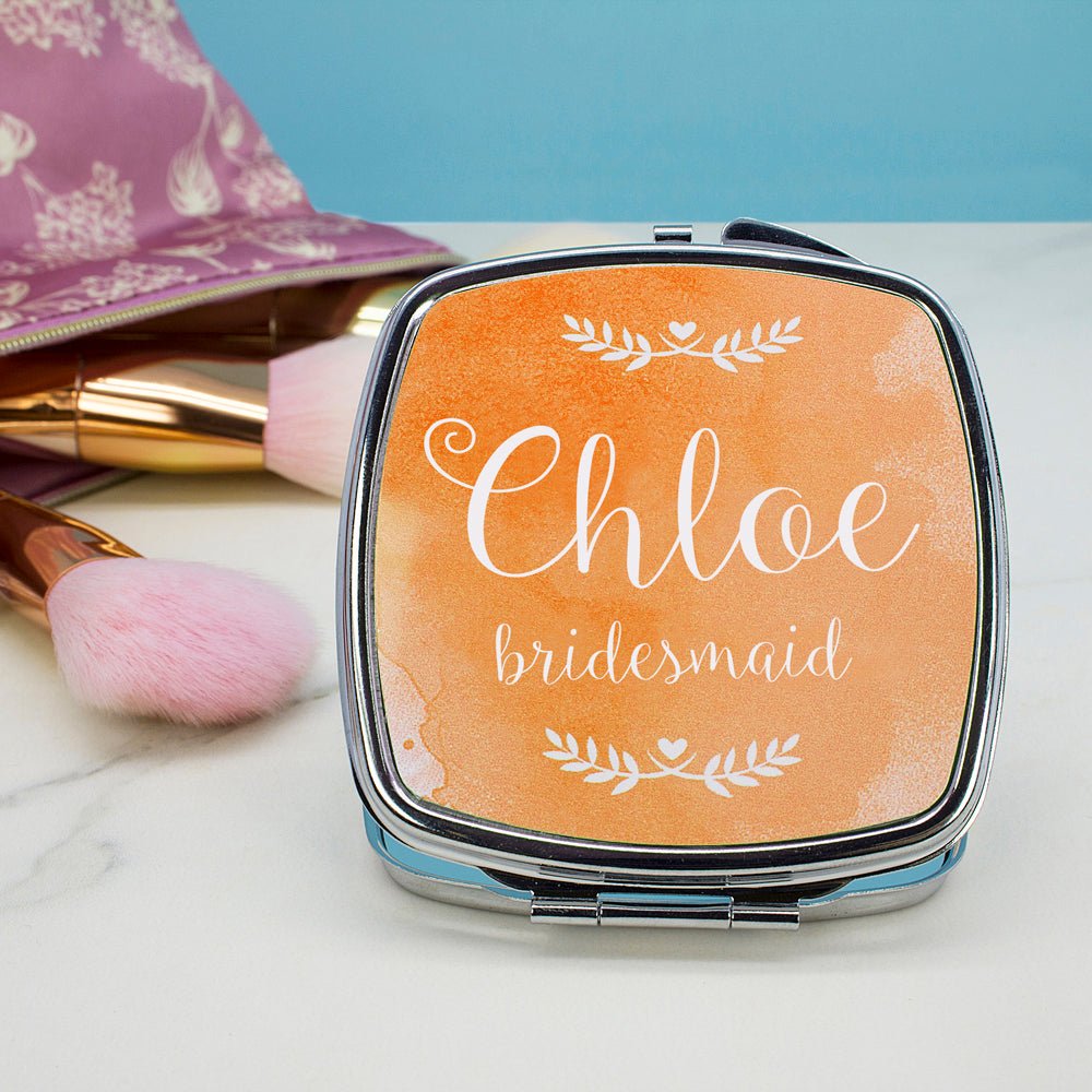 High-shine metal compact mirror, 7×6×1cm, custom bridal party gift