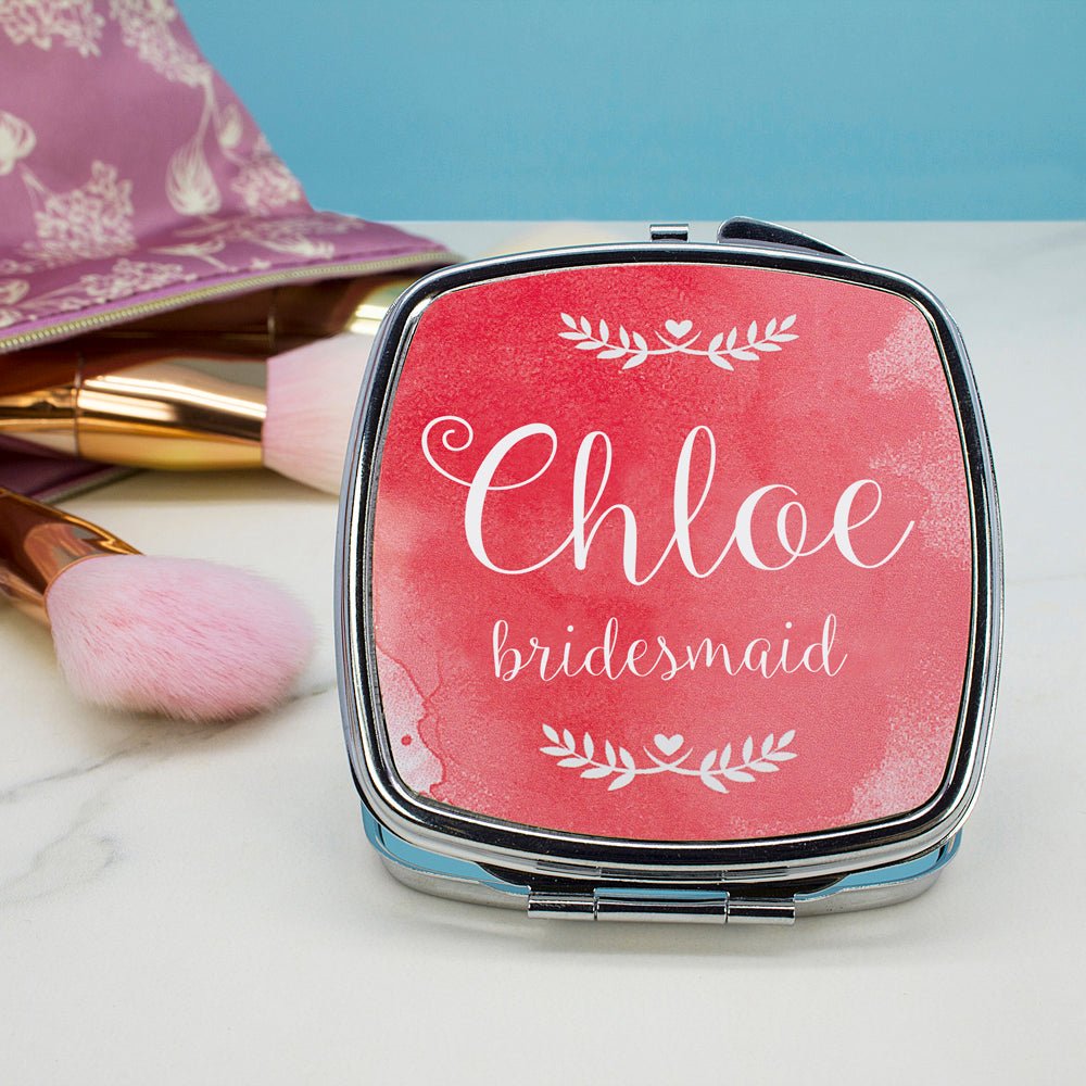 Personalised wedding mirror, 7cm, vibrant colours, engraved name & role