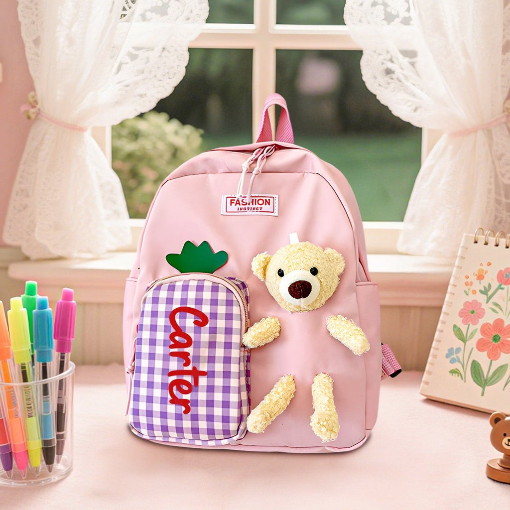 Custom kids backpack with purple checkered pocket and plush bear