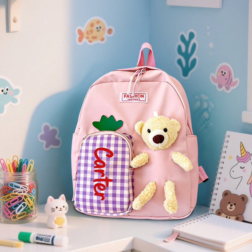 Embroidered kids school bag with teddy bear on pink base