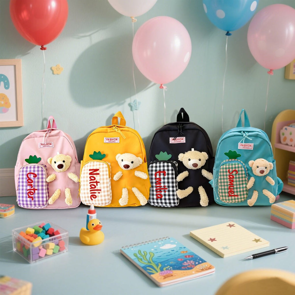 Gingham kids backpack with plush bear and custom name print