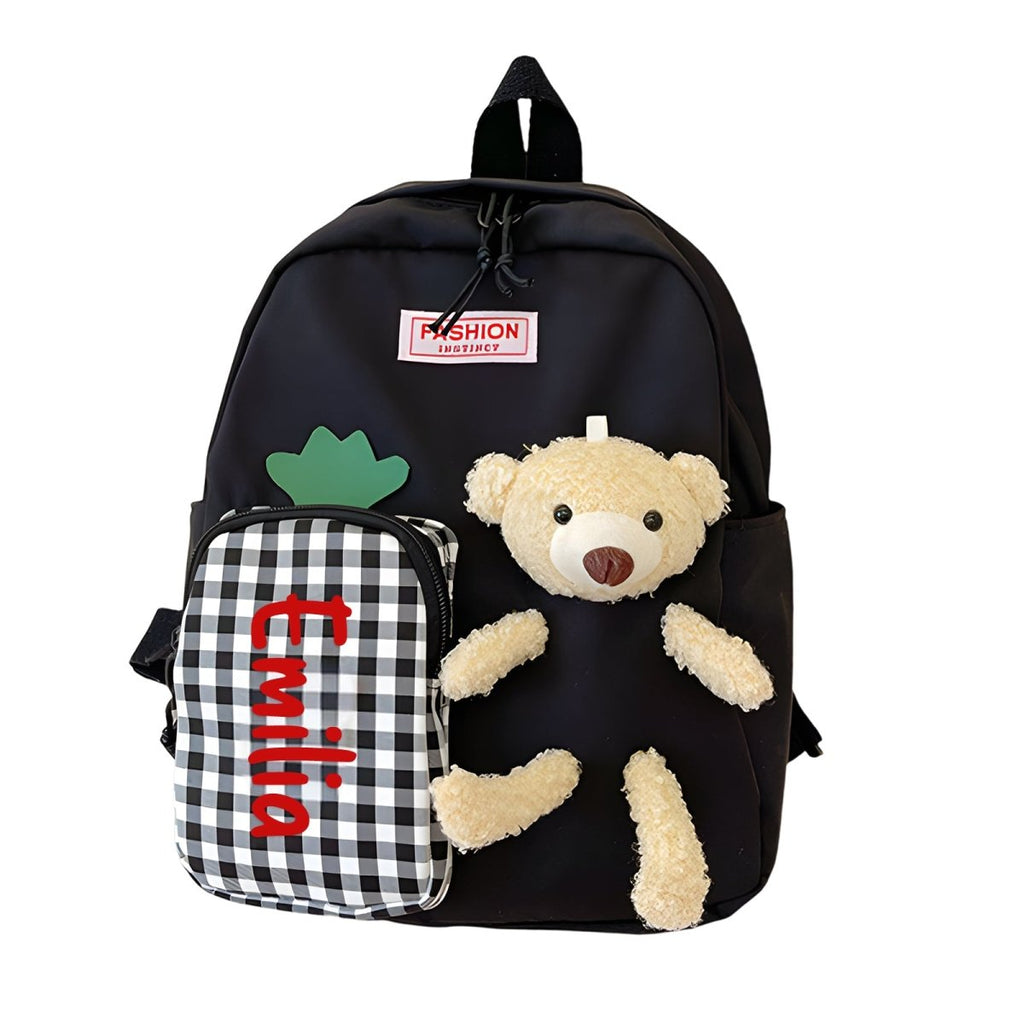 school bag with plush animal and custom text