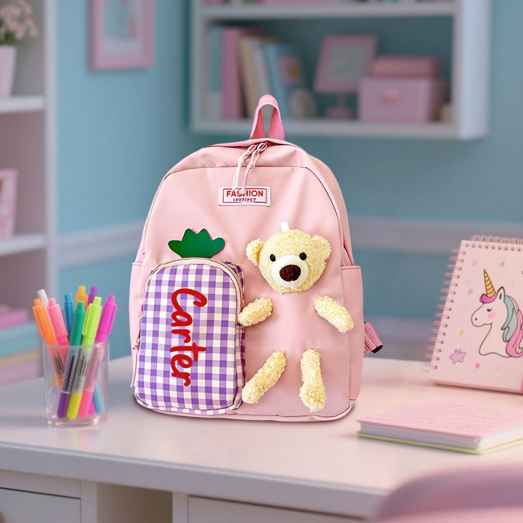 Soft neo material pink backpack with bear and name Carter