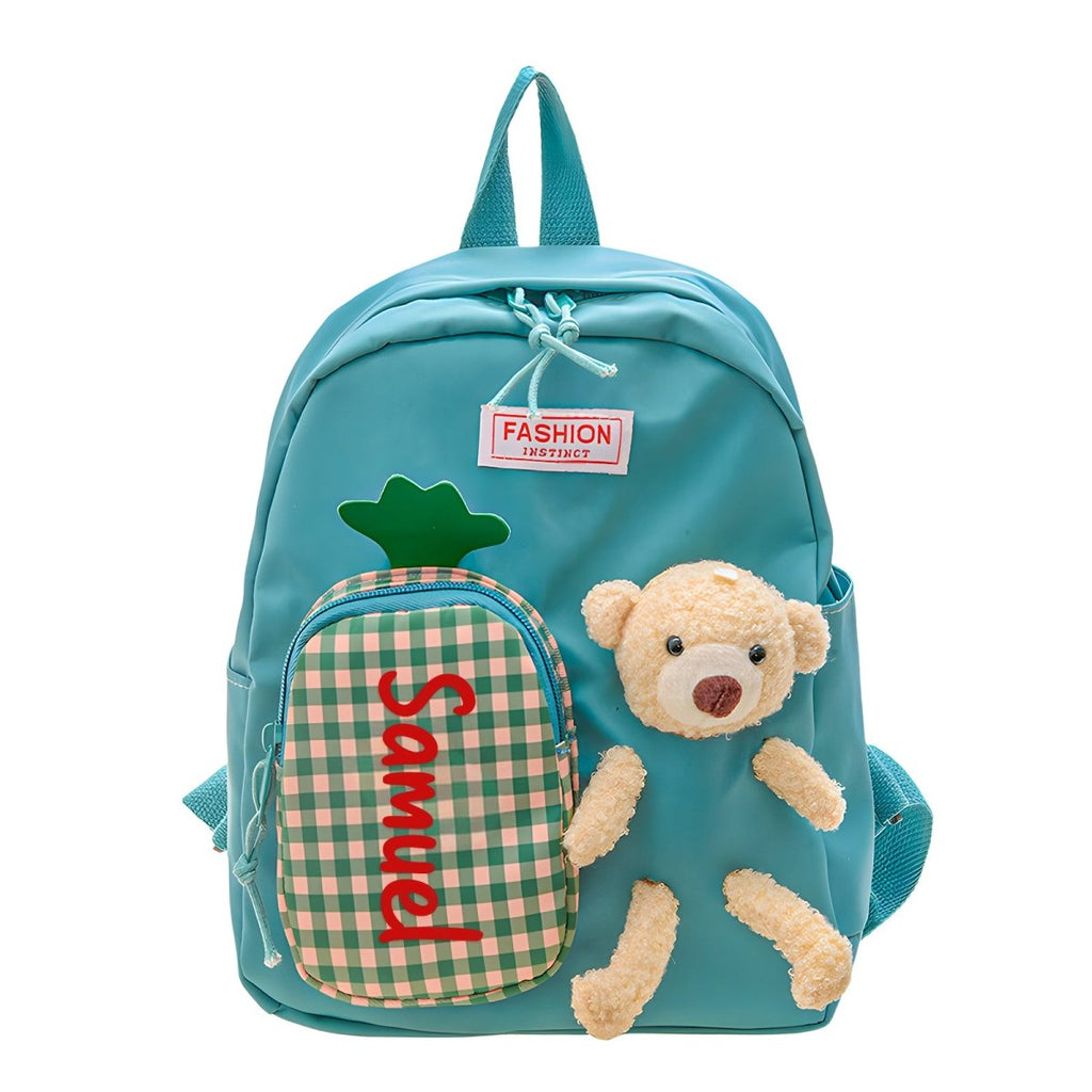 Name-labeled kids backpack with front plush teddy bear