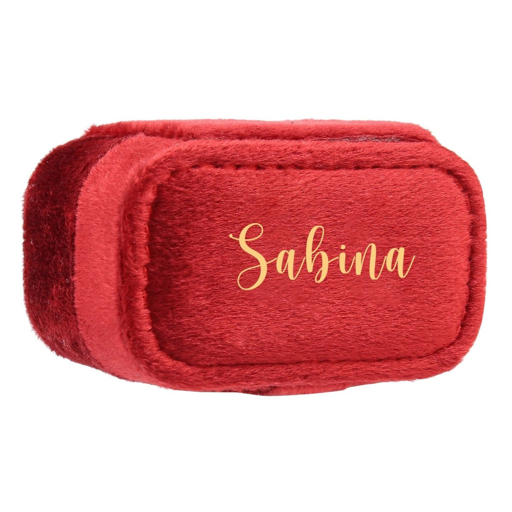 Custom name velvet jewelry bag, beaded velvet lining, green/pink/red/white, 35.5g, 3.9x6.45cm.