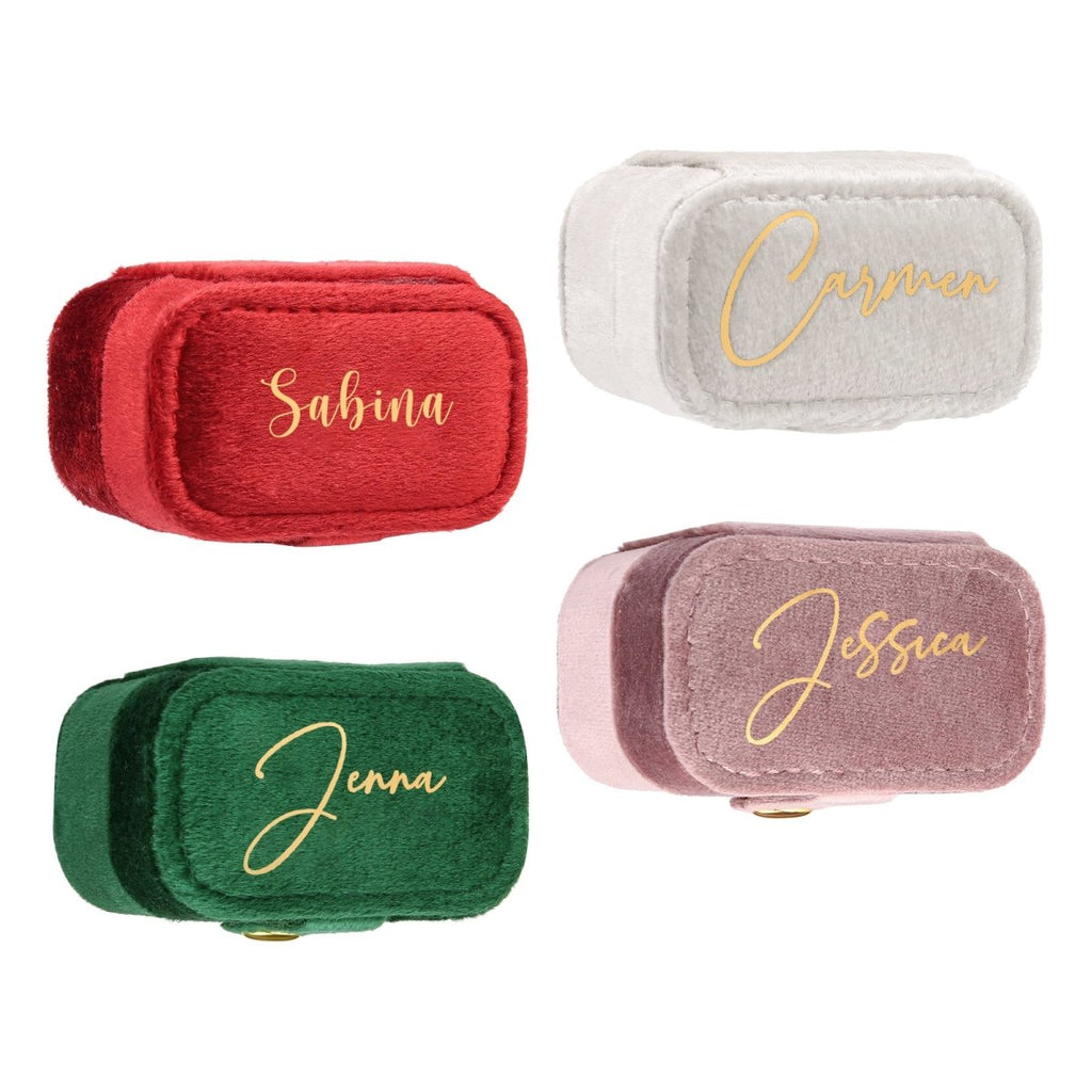 Custom name velvet jewelry bag, beaded velvet lining, green/pink/red/white, 35.5g, 3.9x6.45cm.