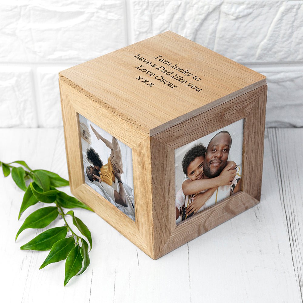 Dad's personalized oak photo cube keepsake box, engraved lid, 4 photo windows, 11.5cm x 11cm x 11cm.