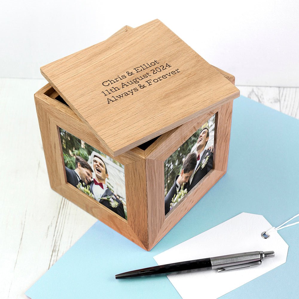 Dad's personalized oak photo cube keepsake box, engraved lid, 4 photo windows, 11.5cm x 11cm x 11cm.