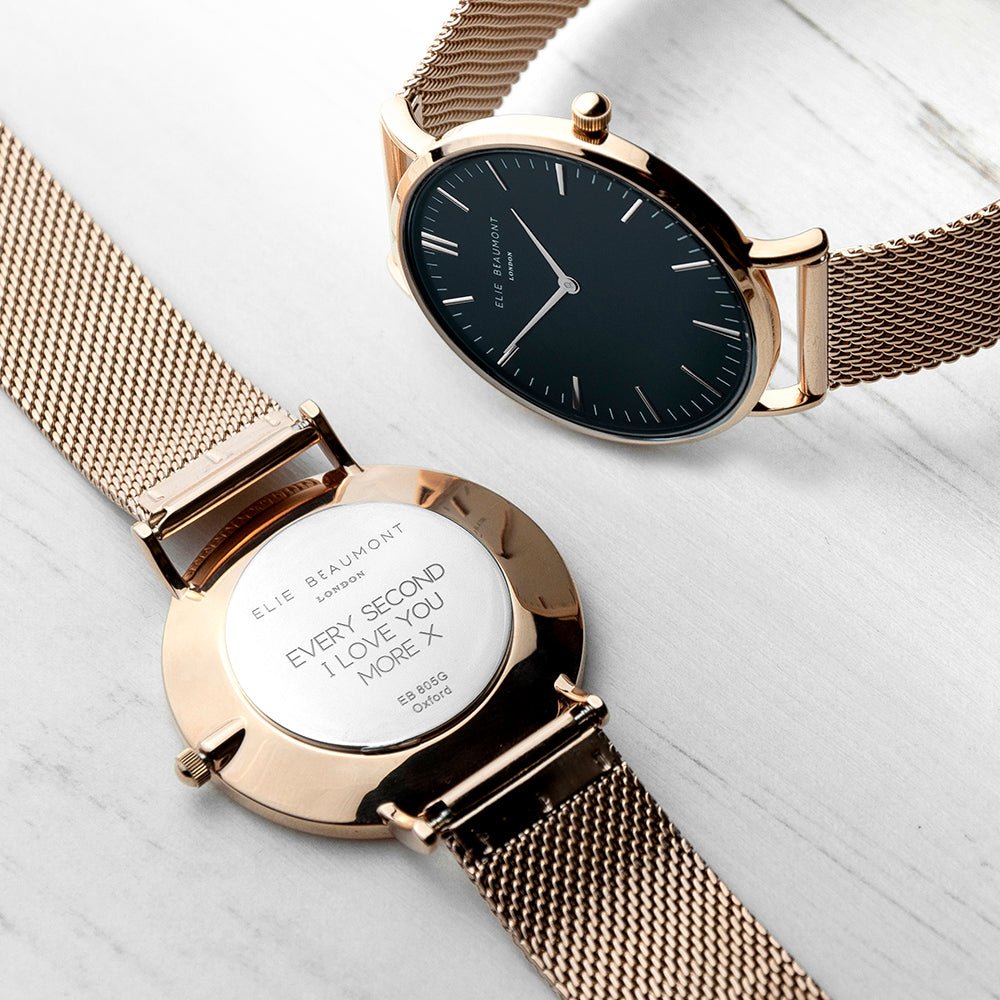 Elie Beaumont personalized ladies rose gold mesh watch, black dial, 38mm, engraved message, 2-year guarantee.