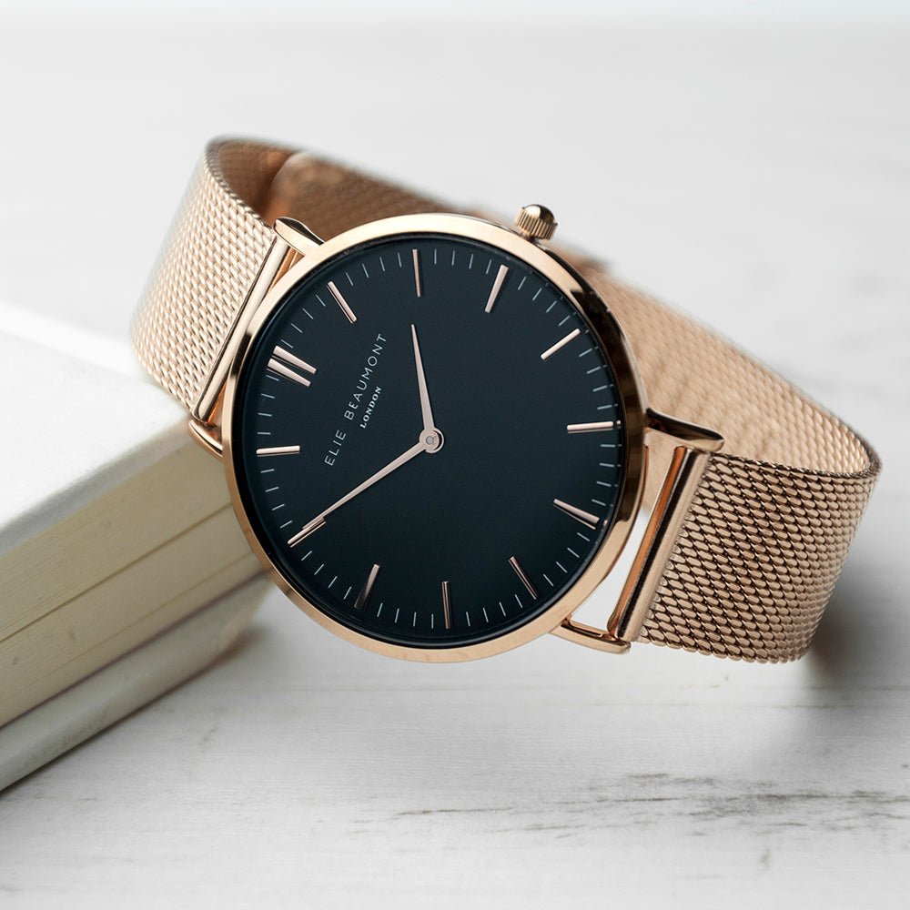 Elie Beaumont personalized ladies rose gold mesh watch, black dial, 38mm, engraved message, 2-year guarantee.