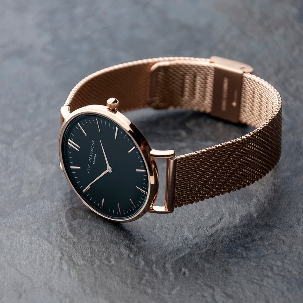 Elie Beaumont personalized ladies rose gold mesh watch, black dial, 38mm, engraved message, 2-year guarantee.
