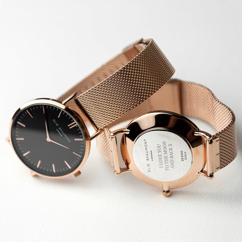 Elie Beaumont personalized ladies rose gold mesh watch, black dial, 38mm, engraved message, 2-year guarantee.