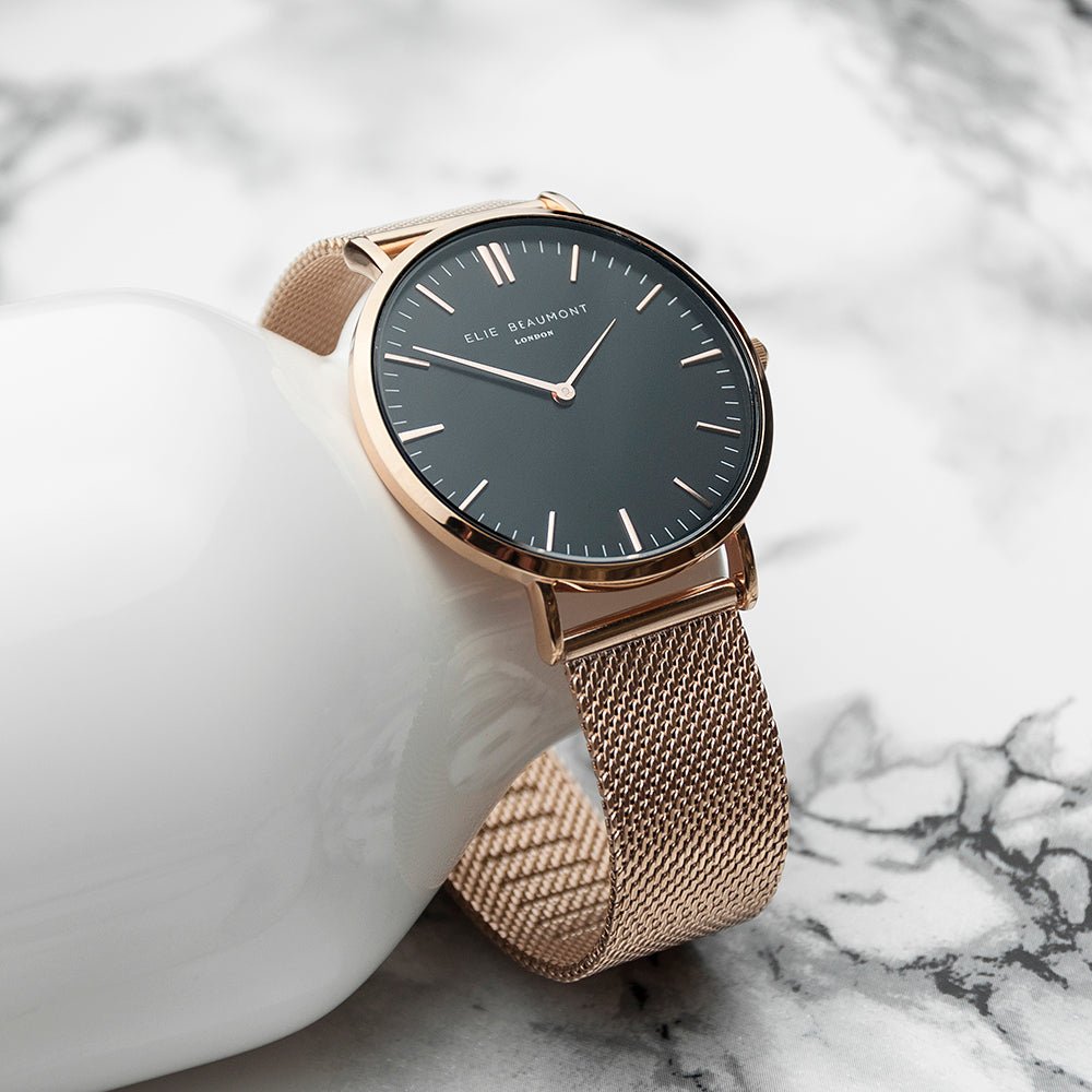 Elie Beaumont personalized ladies rose gold mesh watch, black dial, 38mm, engraved message, 2-year guarantee.