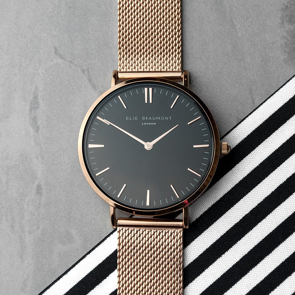 Elie Beaumont personalized ladies rose gold mesh watch, black dial, 38mm, engraved message, 2-year guarantee.