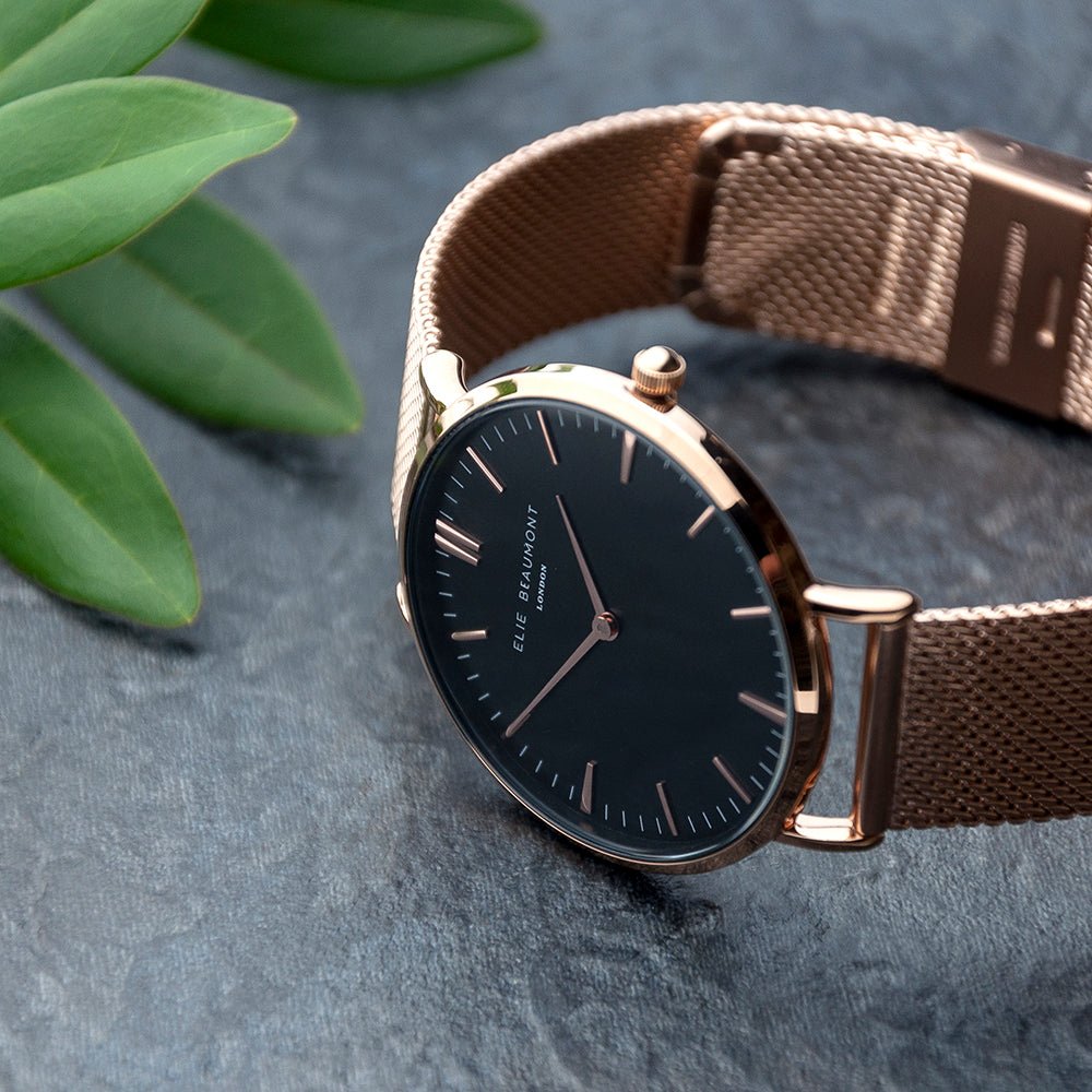 Elie Beaumont personalized ladies rose gold mesh watch, black dial, 38mm, engraved message, 2-year guarantee.