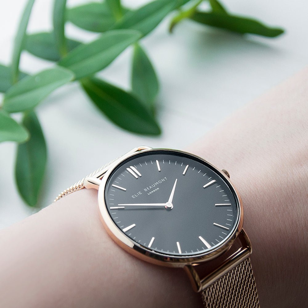 Elie Beaumont personalized ladies rose gold mesh watch, black dial, 38mm, engraved message, 2-year guarantee.