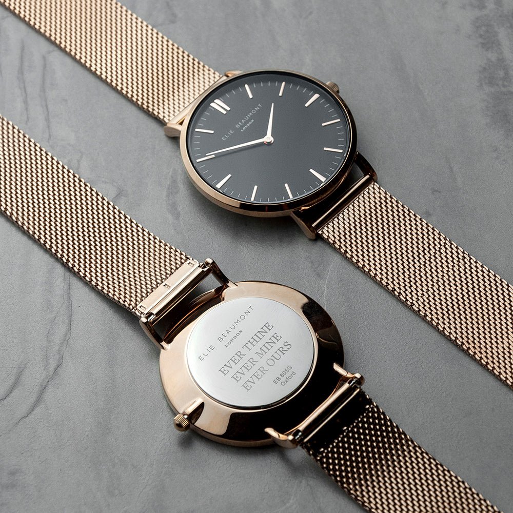 Elie Beaumont personalized ladies rose gold mesh watch, black dial, 38mm, engraved message, 2-year guarantee.