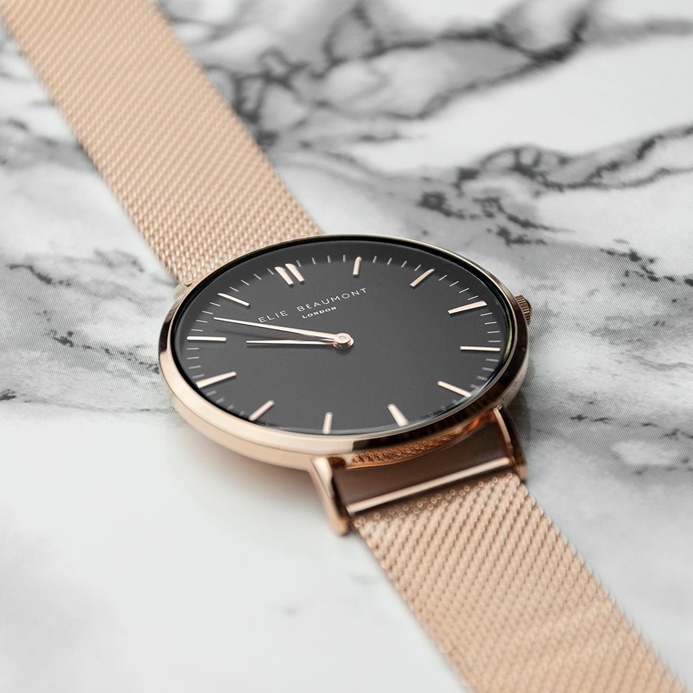 Elie Beaumont personalized ladies rose gold mesh watch, black dial, 38mm, engraved message, 2-year guarantee.