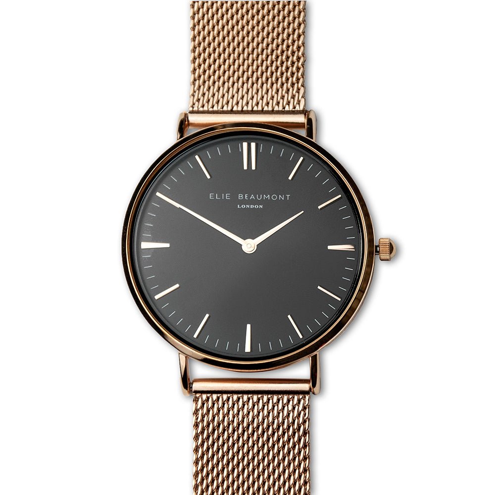 Elie Beaumont personalized ladies rose gold mesh watch, black dial, 38mm, engraved message, 2-year guarantee.
