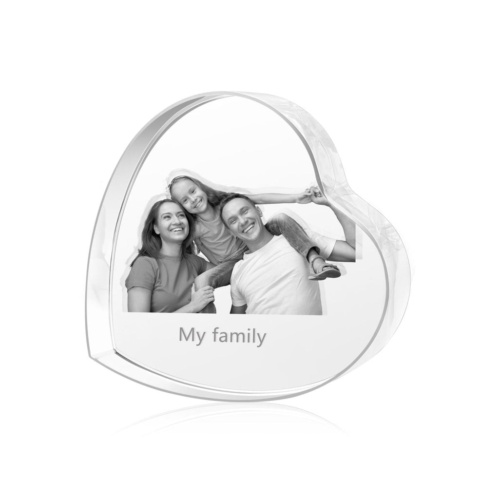 Personalized custom photo heart-shaped crystal ornament, 90mm size, unique keepsake gift.