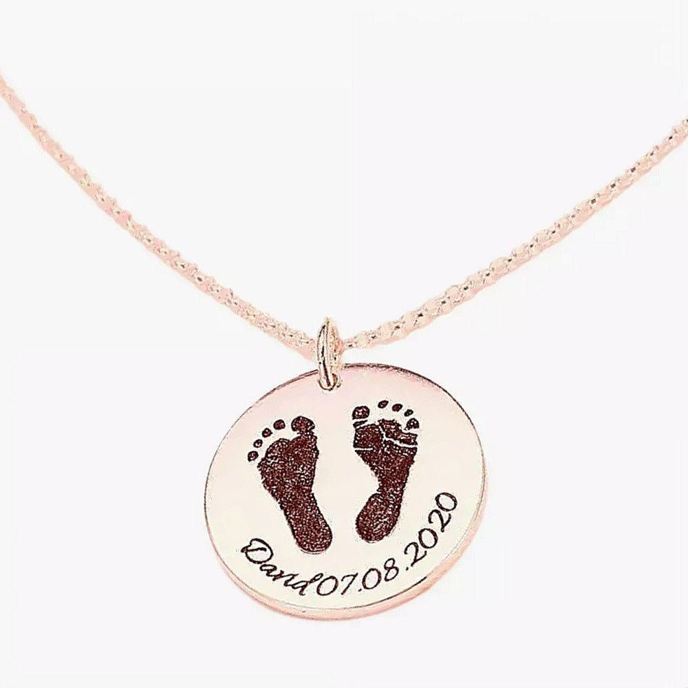 Personalized fingerprint/footprints necklace, 22mm sterling silver disc pendant, 16-22 inch, 5.2g.