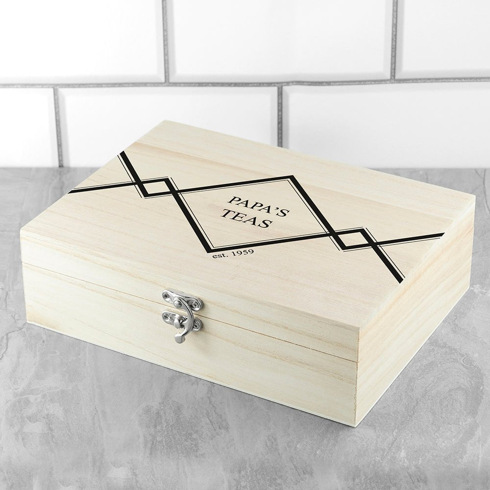 Personalized wooden tea box for men, filled with a selection of Pukka teas, custom name and year.