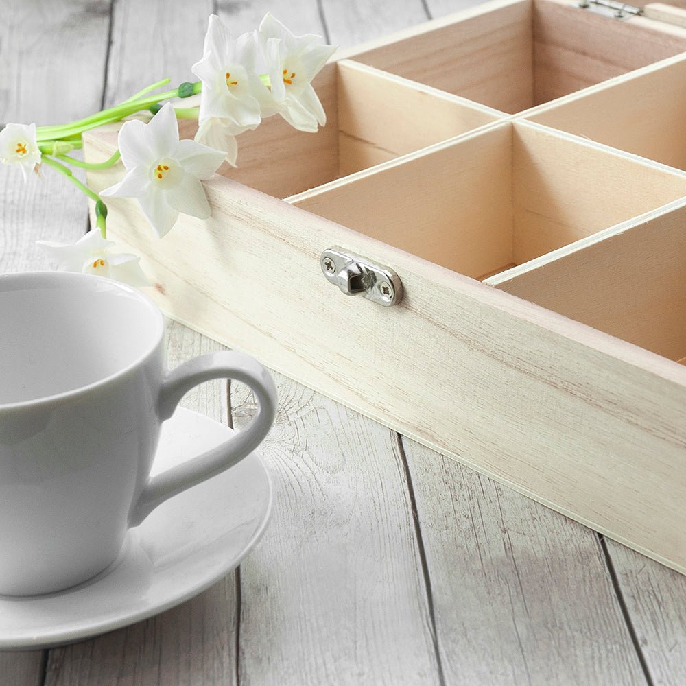 Personalized wooden tea box for men, filled with a selection of Pukka teas, custom name and year.
