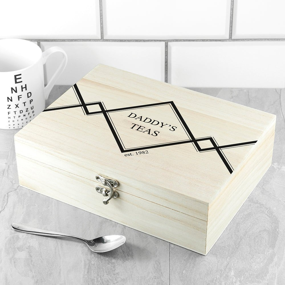 Personalized wooden tea box for men, filled with a selection of Pukka teas, custom name and year.