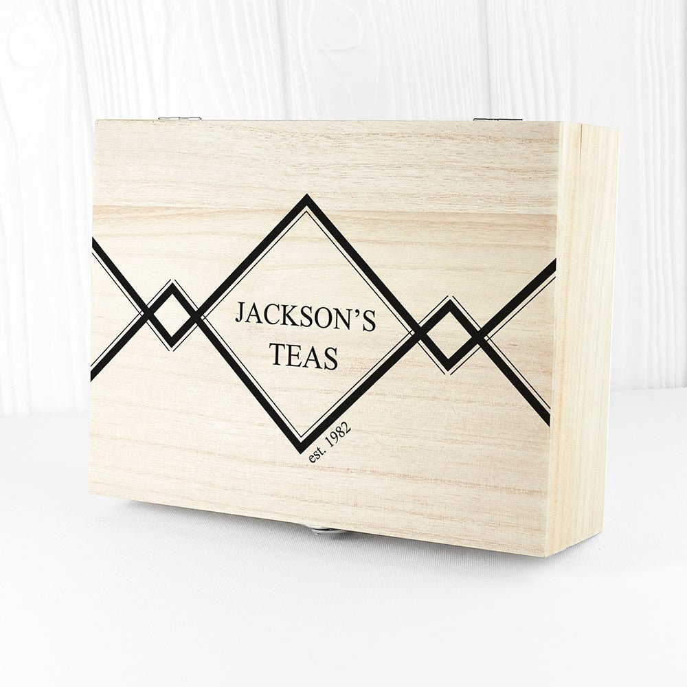 Personalized wooden tea box for men, filled with a selection of Pukka teas, custom name and year.