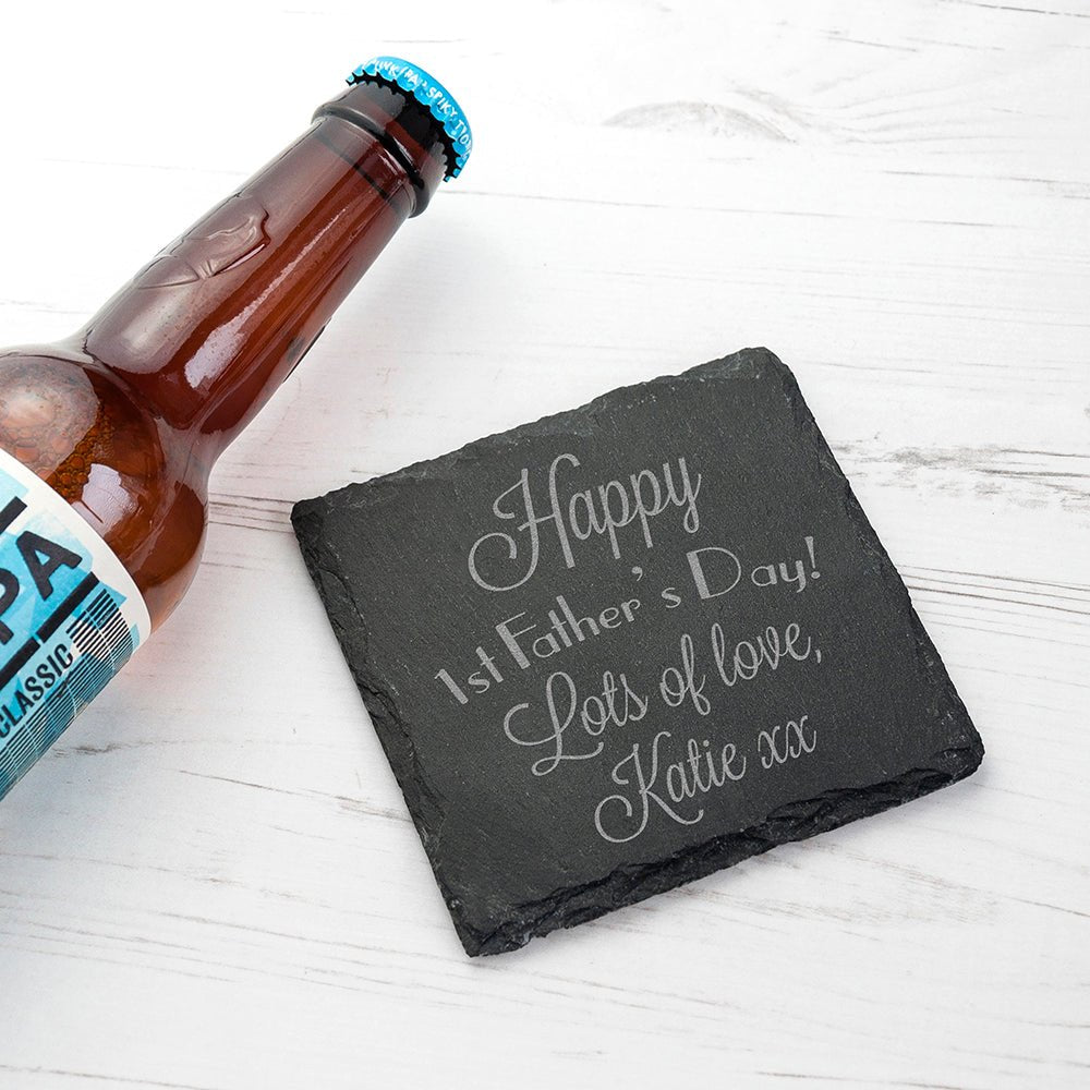 Happy 1st Father's Day square slate keepsake, engraved with name, can be used as coaster, non-slip foam feet.