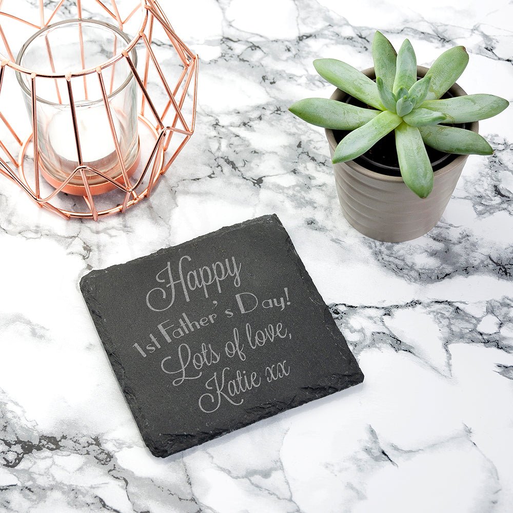 Happy 1st Father's Day square slate keepsake, engraved with name, can be used as coaster, non-slip foam feet.