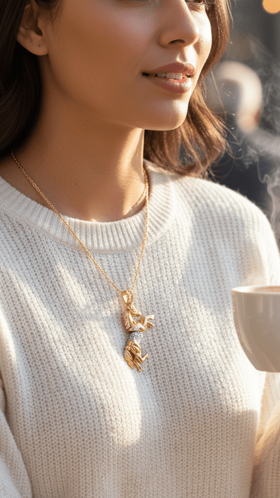 Woman holding a steaming cup outdoors, wearing a gold necklace.
