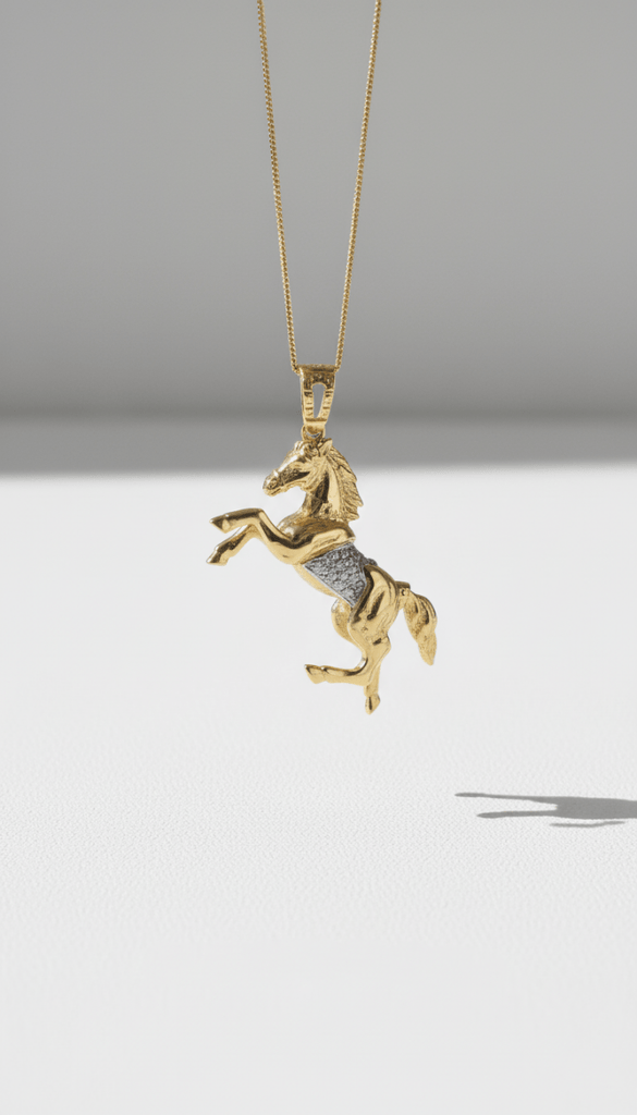 Gold horse pendant necklace on a gray background