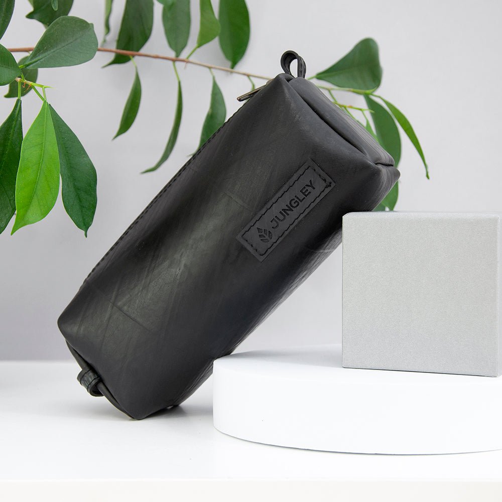 Upcycled truck tyre rubber pencil case, waterproof, durable, eco-friendly, sturdy zip, 20.5cm x 7.5cm x 8cm.