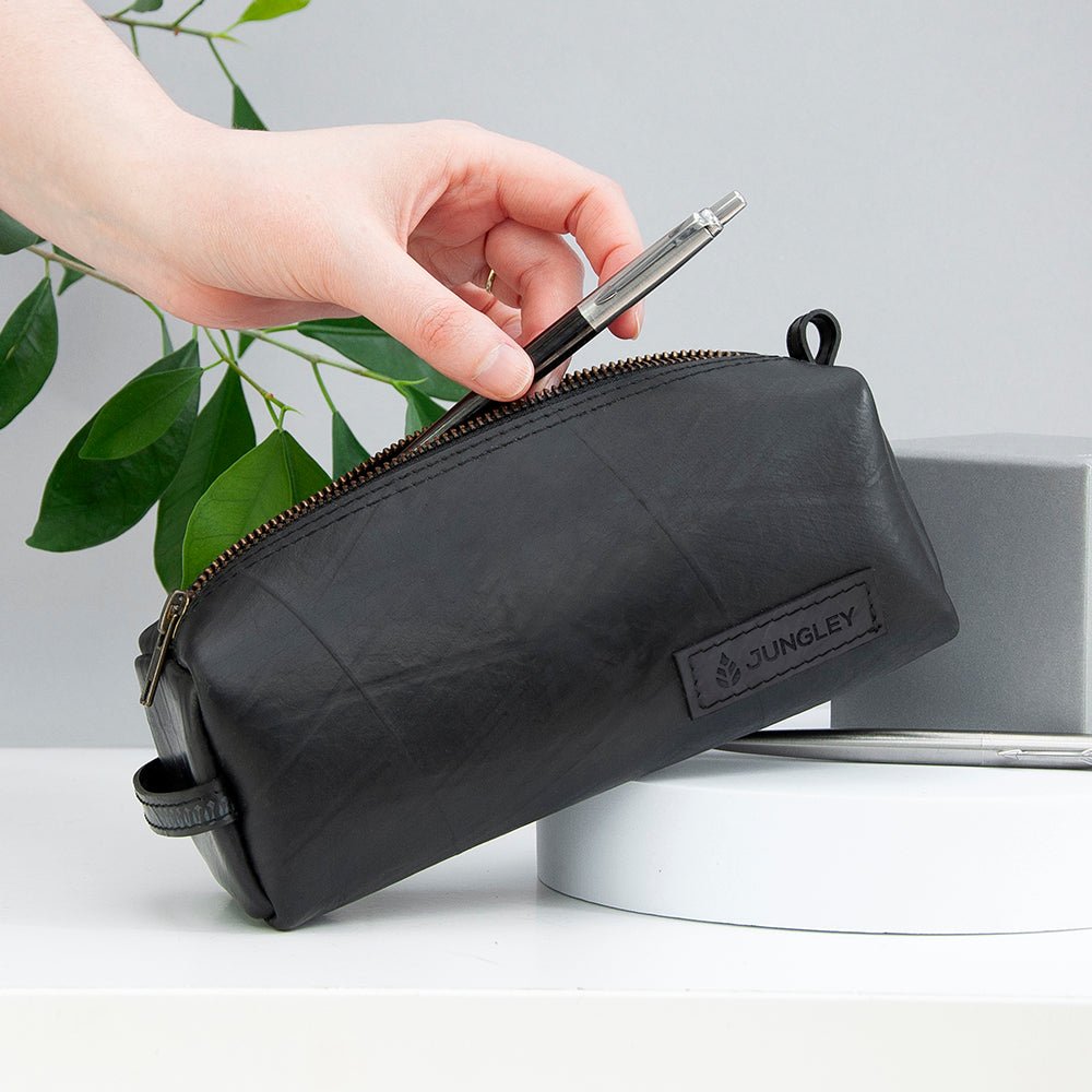 Upcycled truck tyre rubber pencil case, waterproof, durable, eco-friendly, sturdy zip, 20.5cm x 7.5cm x 8cm.