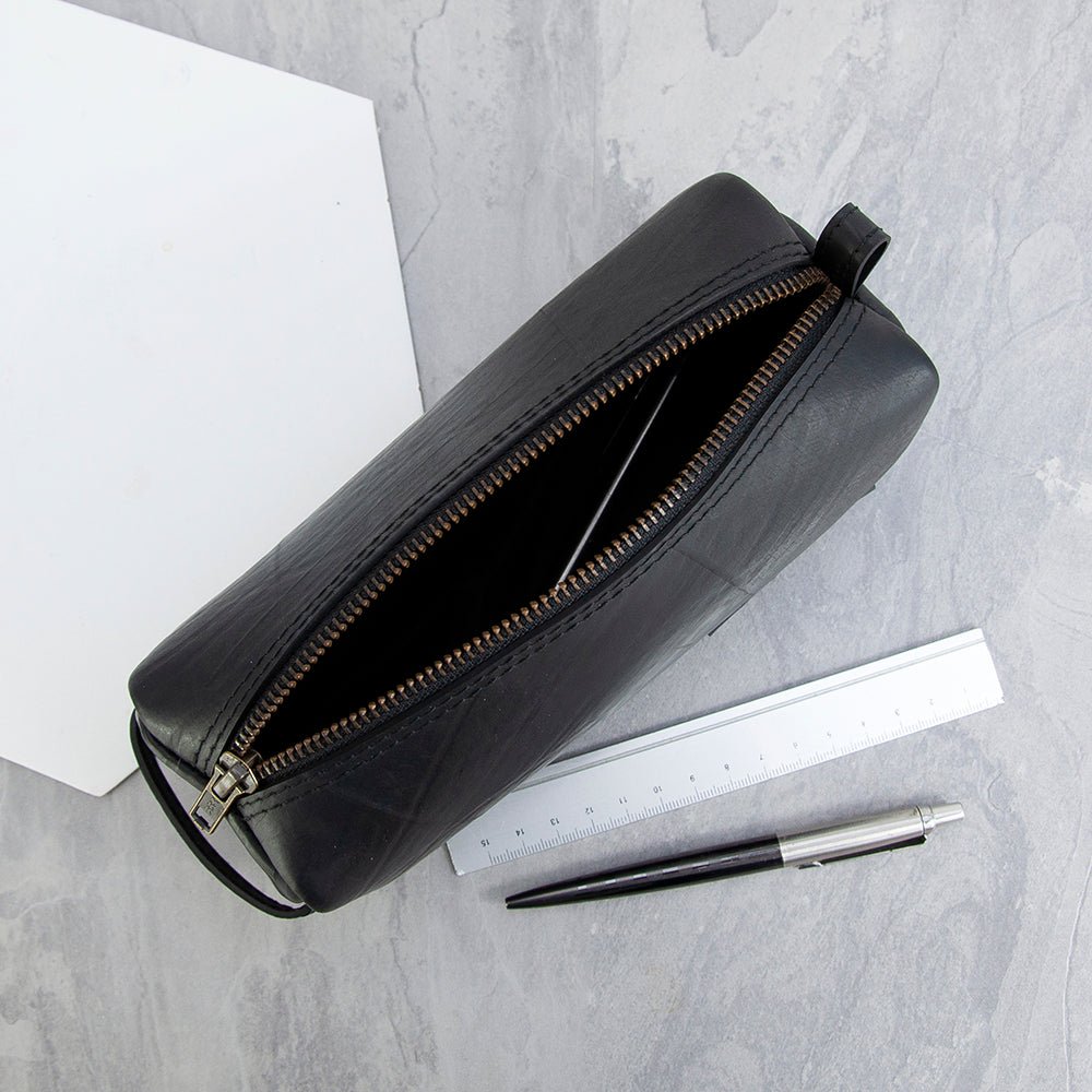 Upcycled truck tyre rubber pencil case, waterproof, durable, eco-friendly, sturdy zip, 20.5cm x 7.5cm x 8cm.