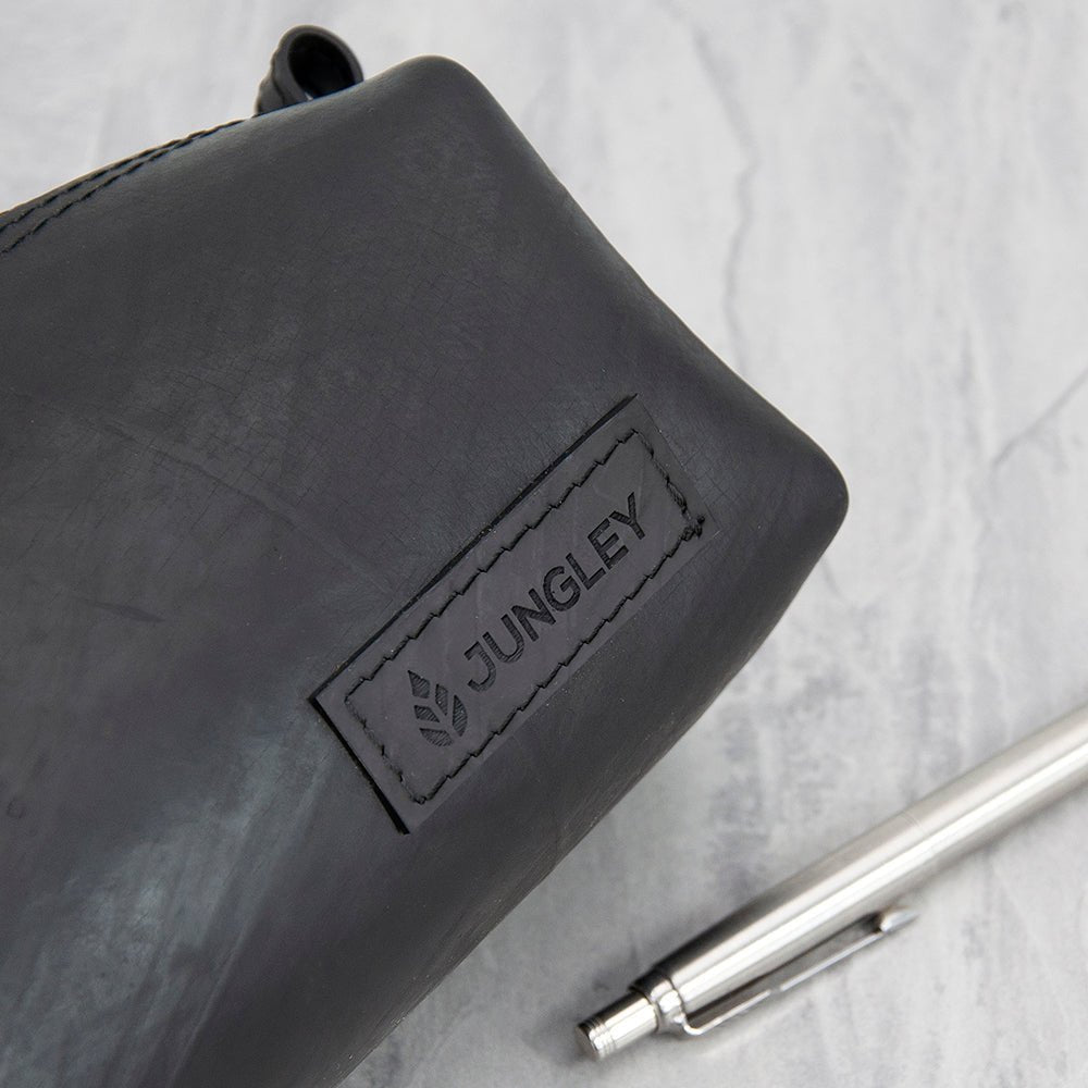 Upcycled truck tyre rubber pencil case, waterproof, durable, eco-friendly, sturdy zip, 20.5cm x 7.5cm x 8cm.