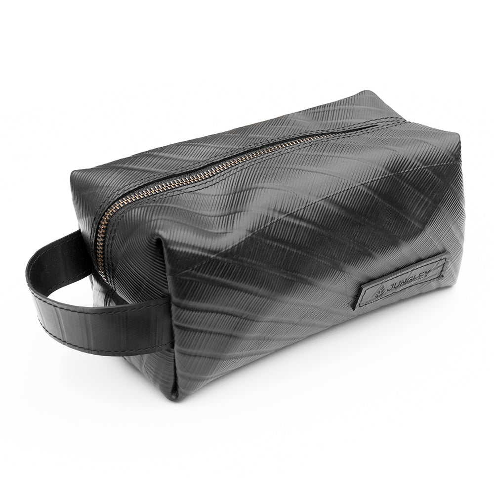 Upcycled truck tyre rubber men's wash bag, eco-friendly, waterproof, durable, unique design, 22cm x 10cm x 12cm.