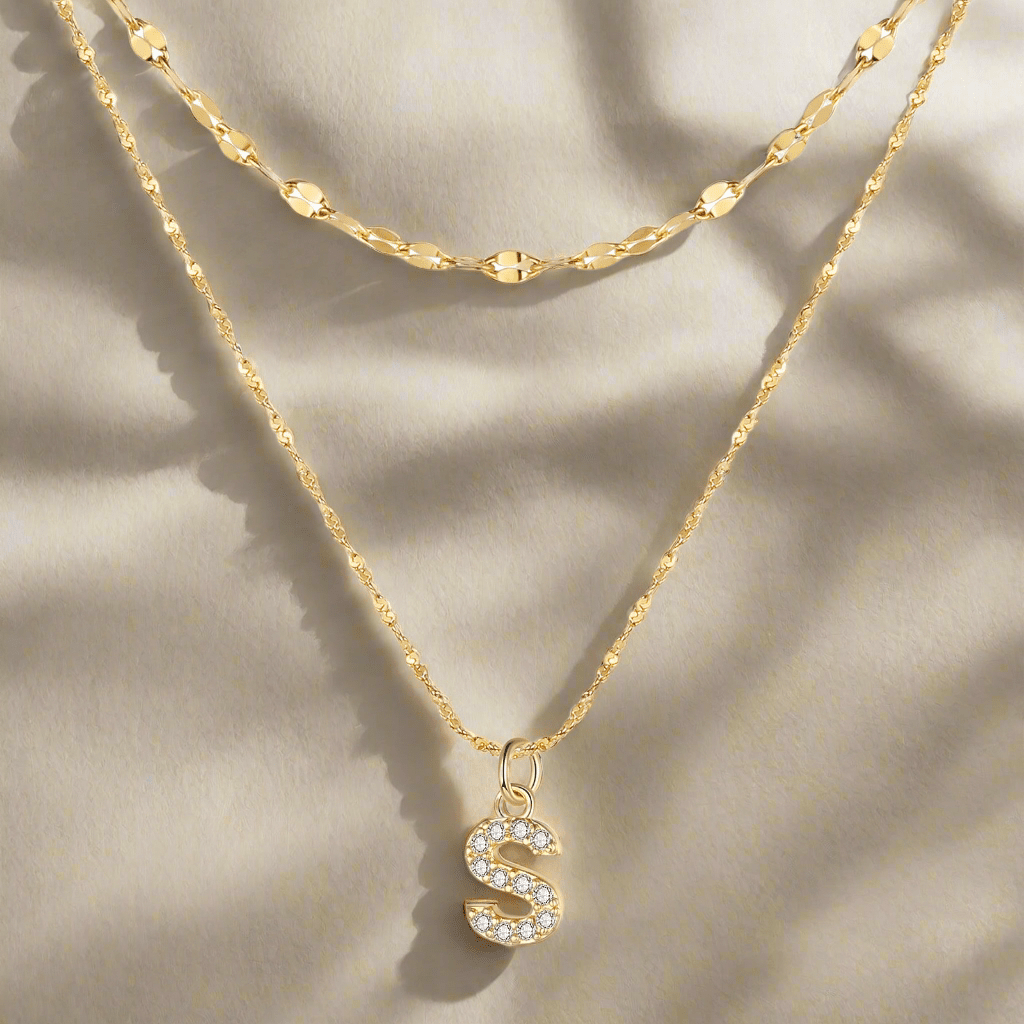 18ct gold-plated stainless steel necklace with initial letter and CZ stones, 40+5cm chain.