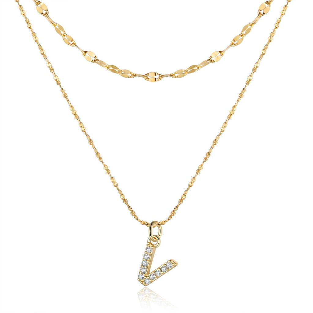 18ct gold-plated stainless steel necklace with initial letter and CZ stones, 40+5cm chain.