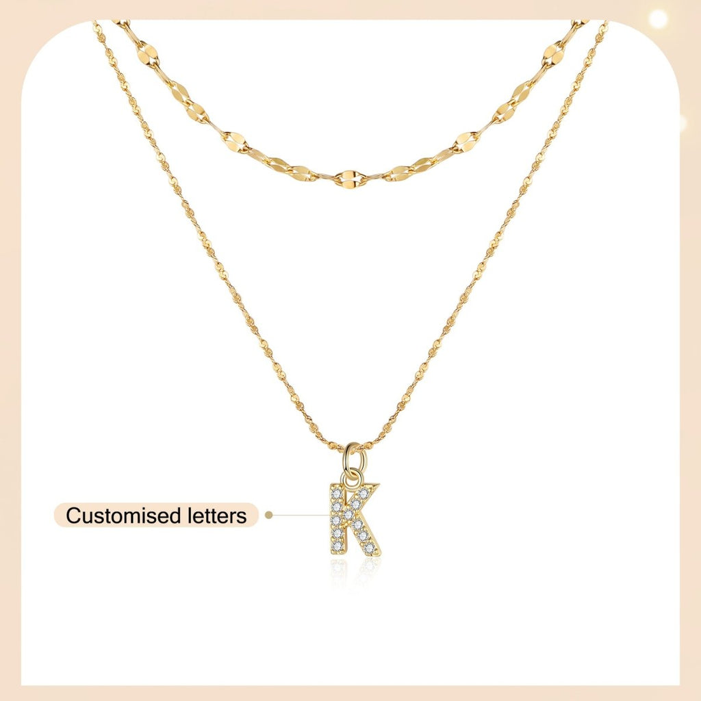 18ct gold-plated stainless steel necklace with initial letter and CZ stones, 40+5cm chain.