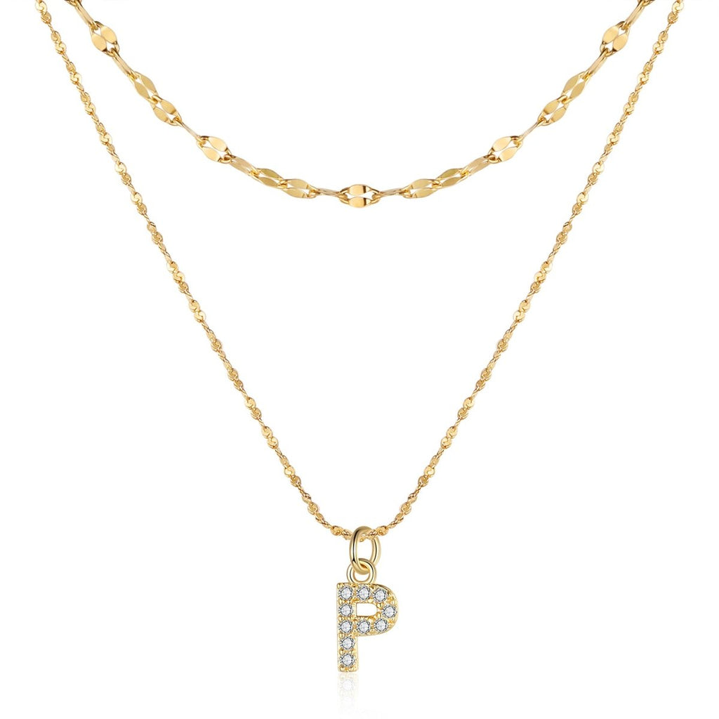 18ct gold-plated stainless steel necklace with initial letter and CZ stones, 40+5cm chain.