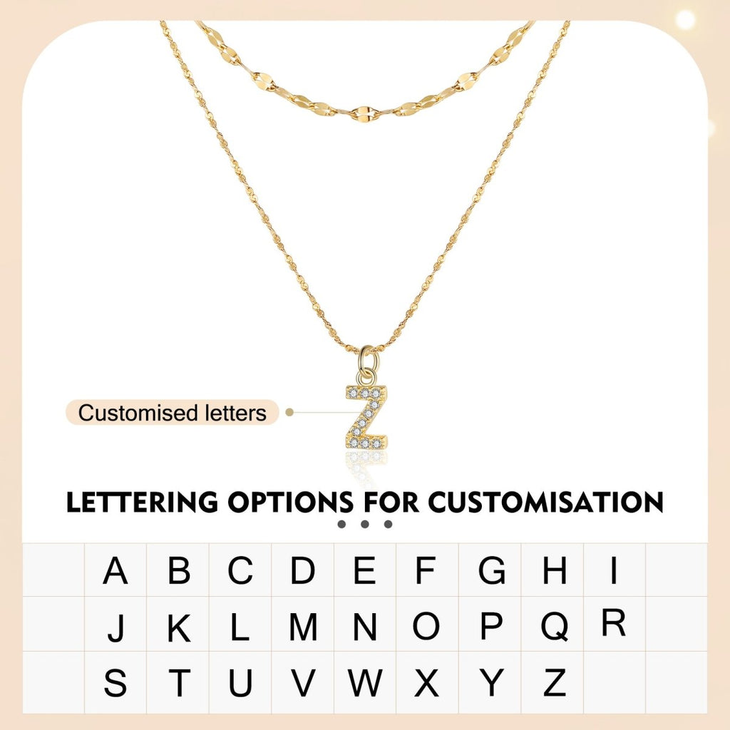 18ct gold-plated stainless steel necklace with initial letter and CZ stones, 40+5cm chain.