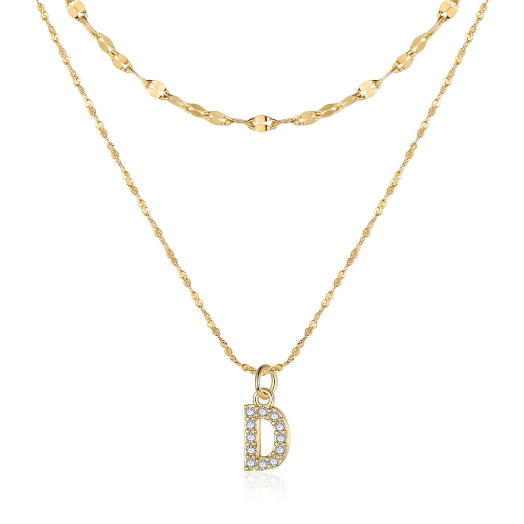 18ct gold-plated stainless steel necklace with initial letter and CZ stones, 40+5cm chain.
