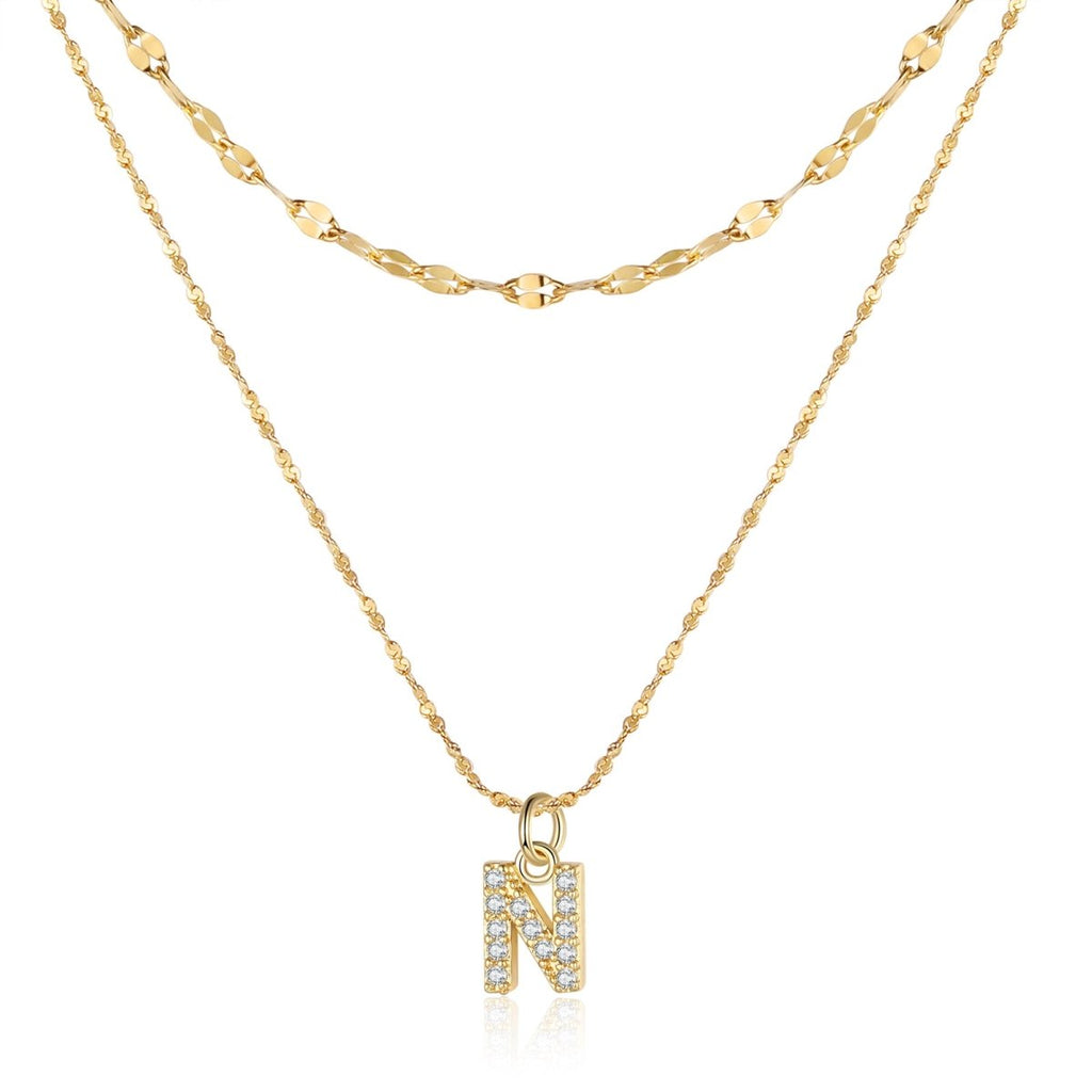 18ct gold-plated stainless steel necklace with initial letter and CZ stones, 40+5cm chain.